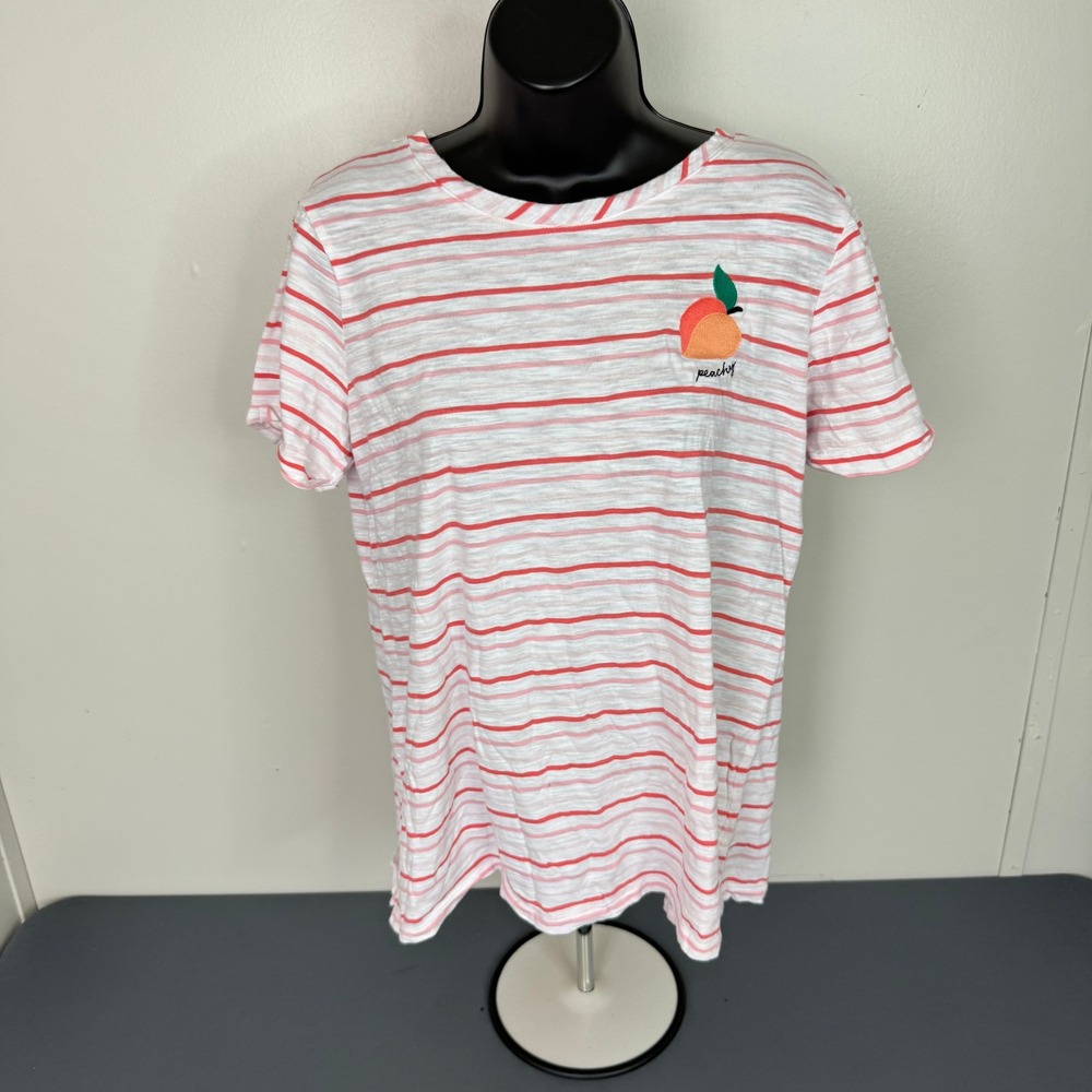 St John's Bay T-Shirt Womens L Peach Graphic Striped Crew Neck Cotton Tee - Picture 2 of 4